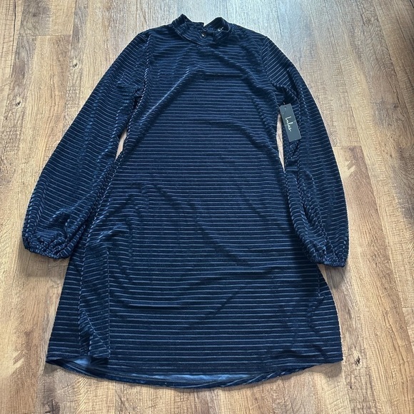 LULU’S Ticket To Chic Navy Blue Striped Velvet Balloon Sleeve Dress - Picture 2 of 3